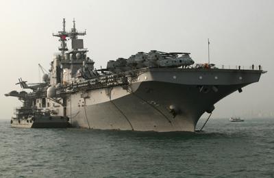 The USS Essex, a U.S. Navy amphibious assault ship, arrives in Hong Kong harbour