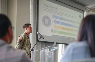 Guam National Guard. U.S. Cyber Command Capt. Stephen Romans explains how a units train using a realistic cyber range during a meeting hosted by the National Guard at the Dusit Beach Resort July 17, 2023.