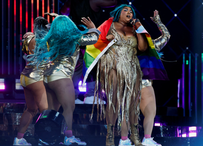 Lizzo performs at the Glastonbury Festival site in Somerset, Britain, June 24, 2023.