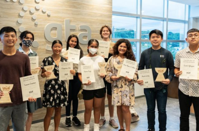 Among the 10 youth leaders selected by GTA from the 2022-2023 academic year, Cheyunne Ahn from Southern High School, third from left, and Mark Wang from St. John’s School, second from right, were chosen as the company's top two honorees.
